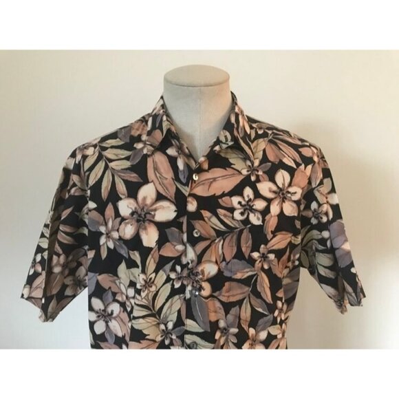 TORI RICHARD Short Sleeve Shirt Sz Medium Hawaiian Cotton Lawn Black Tan Floral - Picture 2 of 8